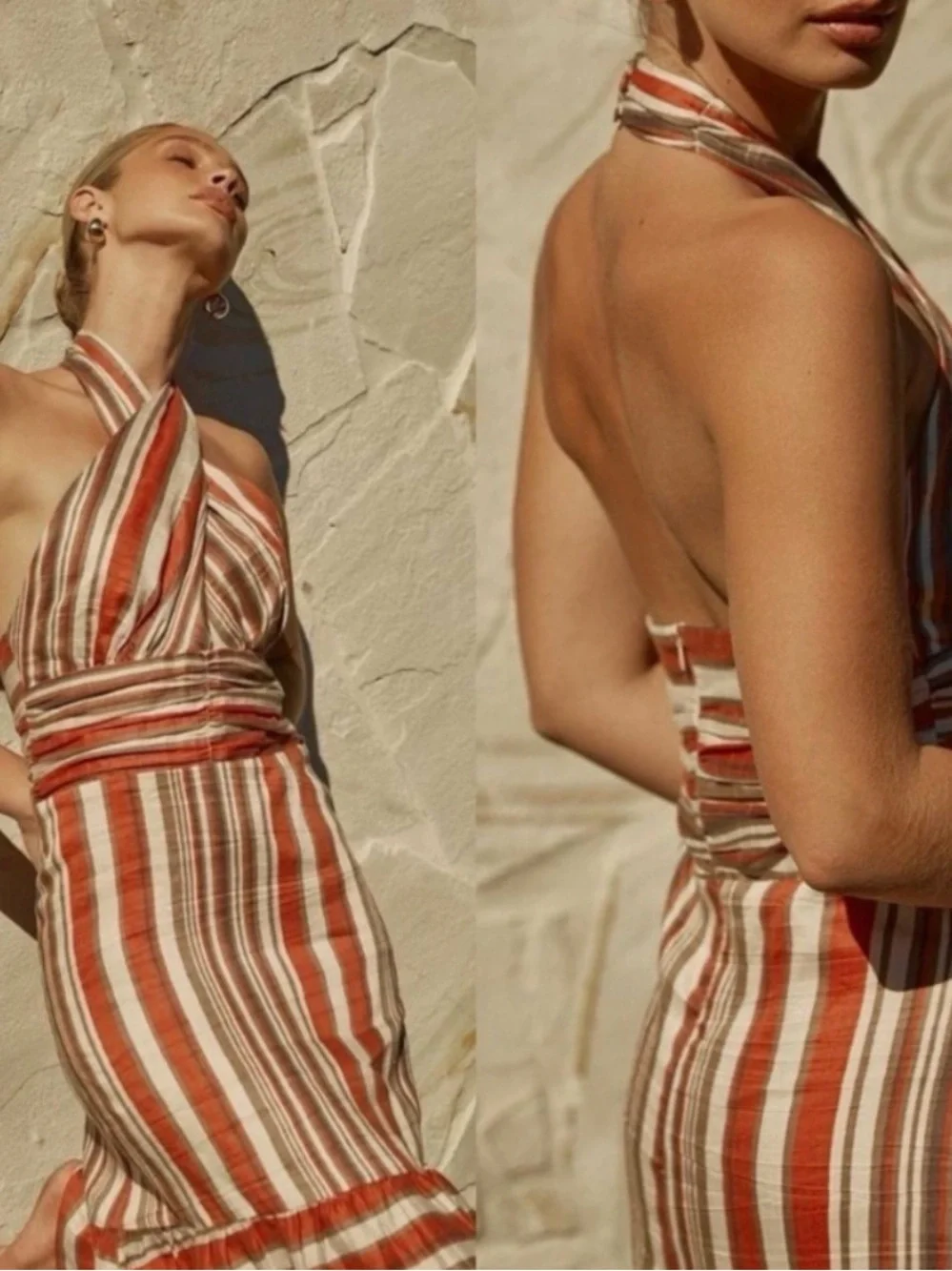 DISSH Striped Halter Maxi Dress in Cream & Tan, orange - Picture 2 of 11